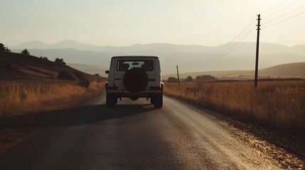 A classic G Class SUV showcasing its distinctive boxy shape and off road capabilities on a road surrounded by brown fields