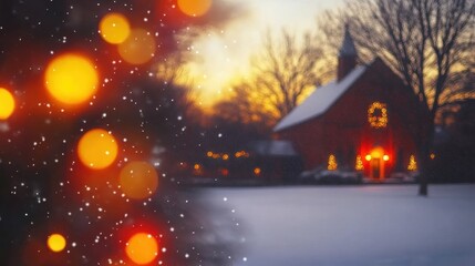 Fototapeta premium A cozy red house surrounded by a snowy landscape, beautifully illuminated with festive lights, captures the warmth of the holidays at dusk