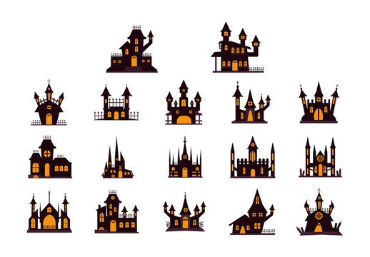 Black And Orange Haunted Castle Illustration Set
