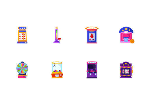 Colorful Retro Slot Arcade Game Machines Illustration Set