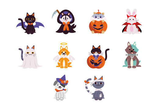 Colorful Cute Halloween Animals Costume Illustration Set