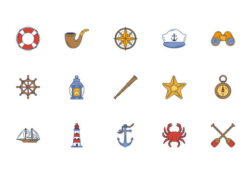 Colorful Hand Drawn Sea Navigation Nautical Icons Set