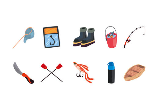 Colorful Traditional Fishing Tools Illustration Set
