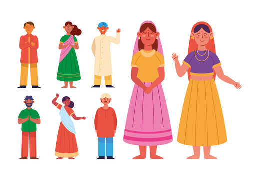 Colorful Traditional Hindu Culture Character Illustration Set