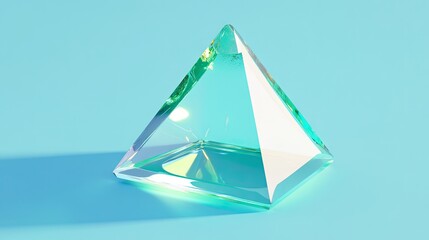 Transparent teal glass pyramid on a light blue background.