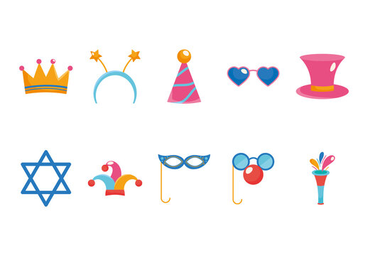 Yellow And Pink Decorative Purim Elements Icons Set