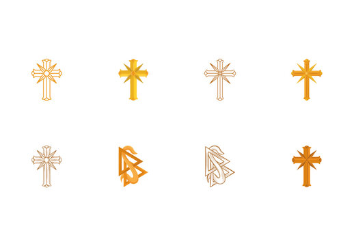 Gold And Bronze Religious Cross Symbol Icons Set