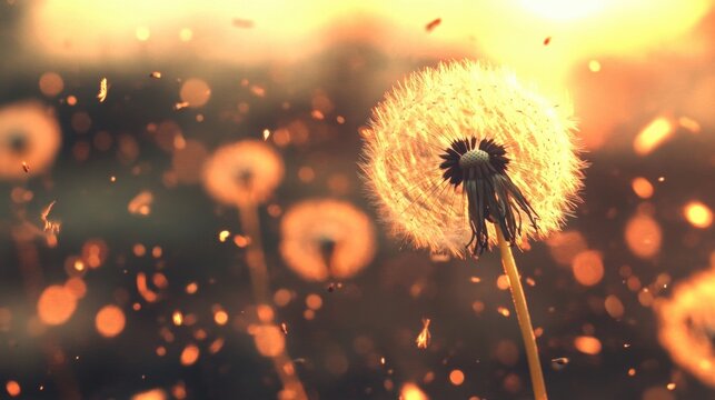 Delicate dandelion seeds drift in the warm glow of a sunset, creating a magical atmosphere in a serene meadow - Powered by Adobe