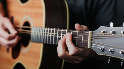 Obraz premium Close-Up of Fingers Delicately Plucking the Strings of a Beautiful Acoustic Guitar