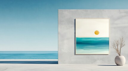Coastal art scene with framed painting, blue sky, and ocean view