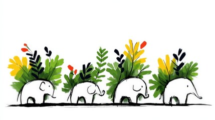 Cute Watercolor Elephants   Lush Greenery  Whimsical Childlike Art Print
