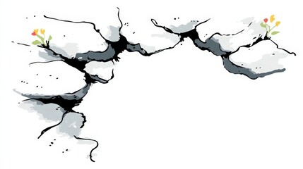 Abstract Crack Texture with Flowers  Grey  White  Black  Minimalist Art