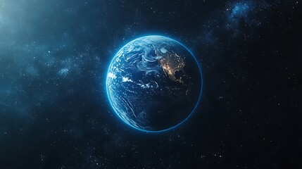 Fototapeta premium Earth Illuminated from Space, A stunning view of Earth from space, showing illuminated continents against a starry background
