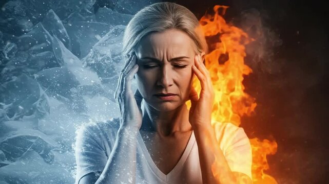 Middle-aged woman experiencing menopause symptoms against fire and ice  