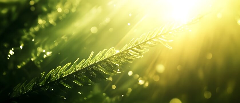 Closeup of a lush green fern leaf with soft backlighting that creates a cinematic atmospheric effect and highlights the delicate texture and pattern of the foliage