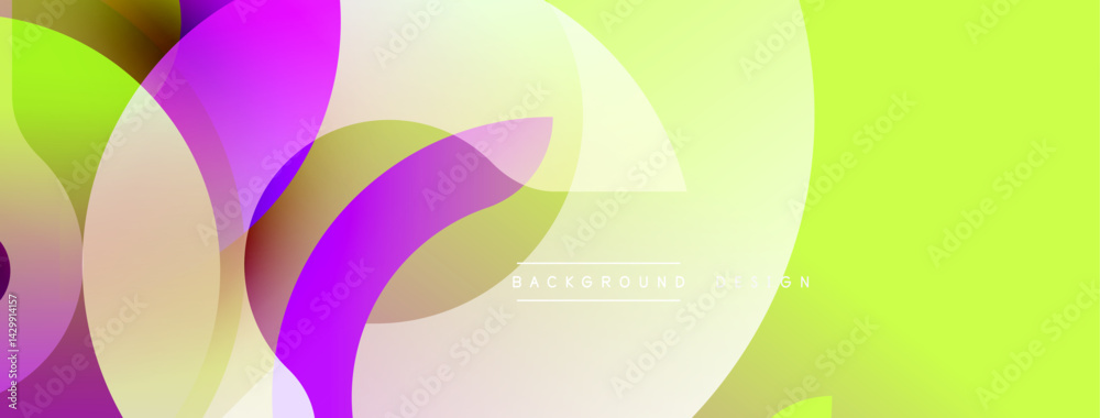 Poster Abstract vibrant background. Overlapping circles create dynamic visual effect. Yellow, purple, green hues dominate composition. Modern design element.