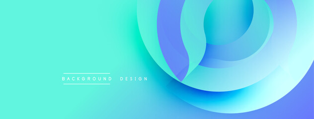 Abstract background features layered circular shapes. Gradient colors blend turquoise, blue, purple hues. Modern design element.