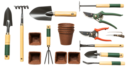 A collection of gardening tools including trowels, pruners, and pots arranged neatly on a white background, ideal for gardening enthusiasts