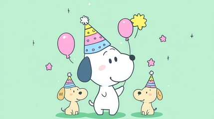 Dog celebrates party with balloons. Pets in festive hats on light green background