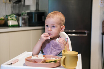Portrait of little toddler girl sitting in a high chair in the kitchen eating lunch. She thoughtfully puts rice in her mouth with her hand and learns to eat with utensils. The baby eats independently.