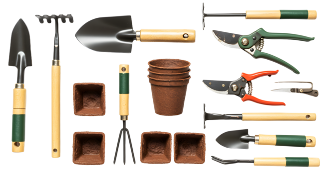 A collection of gardening tools including trowels, pruners, and pots arranged neatly on a white background, ideal for gardening enthusiasts