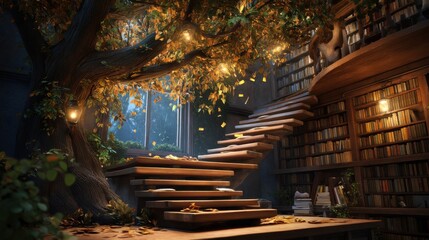 A tree with a staircase leading up to it and a library with many books