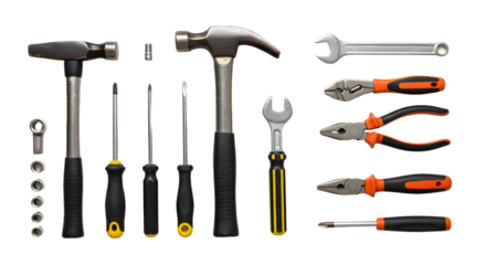 A collection of various hand tools including hammers, wrenches, and pliers neatly arranged on a black background for DIY projects