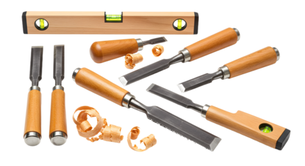 A collection of woodworking tools including chisels, a level, and shavings, set against a clean, neutral background