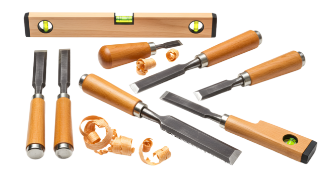 A collection of woodworking tools including chisels, a level, and shavings, set against a clean, neutral background