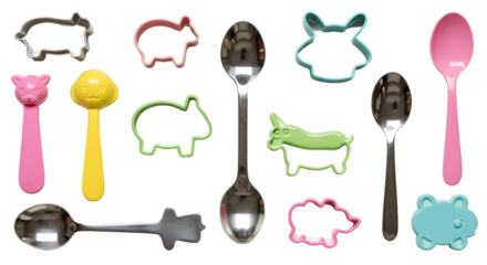 A colorful arrangement of animal-shaped utensils and cookie cutters on a clean surface, ideal for children's meals or baking