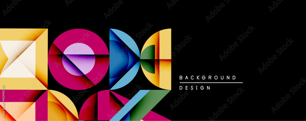 Poster Abstract geometric shapes overlap, creating vibrant colorful composition. Black background emphasizes bright hues, modern design aesthetic. Minimalist style.