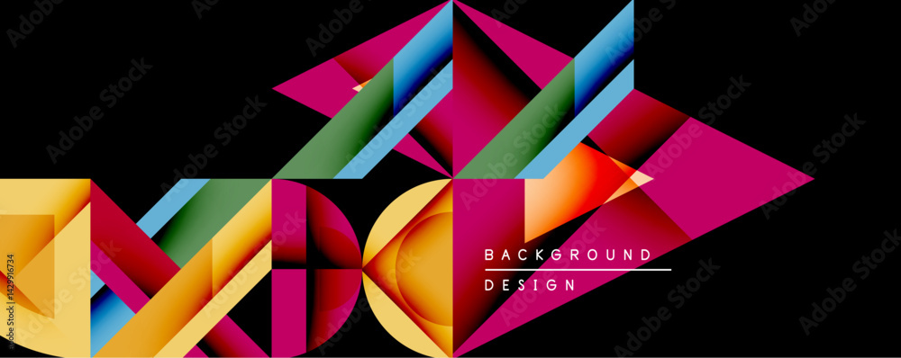 Aufkleber Abstract geometric composition. Vibrant triangles overlap, creating dynamic visual effect. Bright colors contrast against dark background. Modern design element for digital projects.