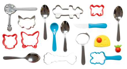 A colorful assortment of kitchen utensils and cookie cutters arranged artistically on a white background, ideal for baking