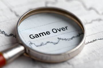 A magnifying glass focuses on the words "Game Over" printed on a paper, suggesting a conclusion or failure in a dramatic context.