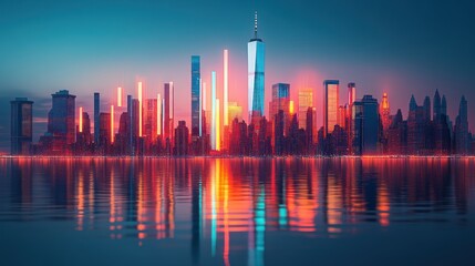 Vibrant neon skyline of New York City reflecting on water.