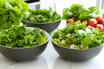Fresh Green Salad with Radishes in Bowls