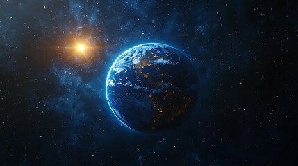 Earth Illuminated from Space, A stunning view of Earth from space, showing illuminated continents against a starry background