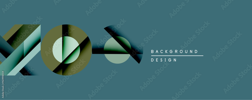 Poster Abstract geometric composition. Overlapping shapes create depth, using muted teal, olive, gray tones. Modern design element for backgrounds, presentations. Minimalist aesthetic.