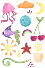 vector illustration of a bunch of cute stickers with the theme of fruits and the underwater world