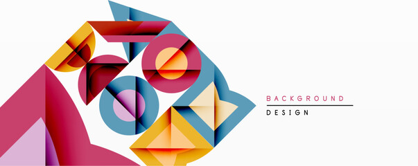 Abstract geometric shapes overlap, creating dynamic composition. Vivid colorspink, blue, orange, purpleblend smoothly. Modern design evokes energy, movement, visual interest.