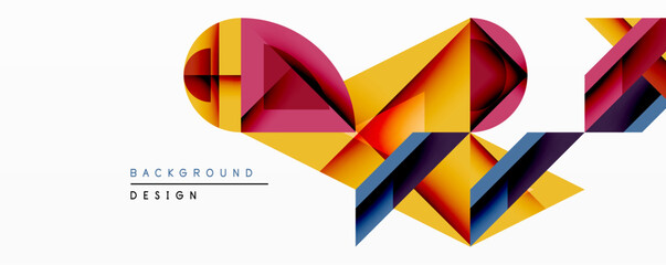 Abstract geometric shapes overlap, creating vibrant color gradients. Yellow, orange, purple, blue hues dominate design. Modern aesthetic, clean lines, dynamic composition.