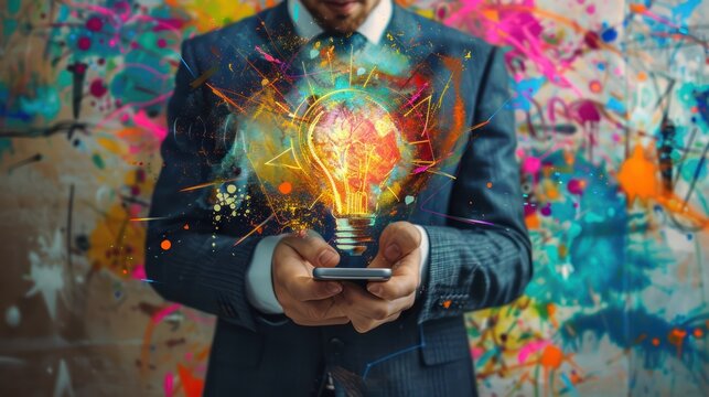 Depict the idea of mobile innovation with a photo of a businessman brainstorming, ideating