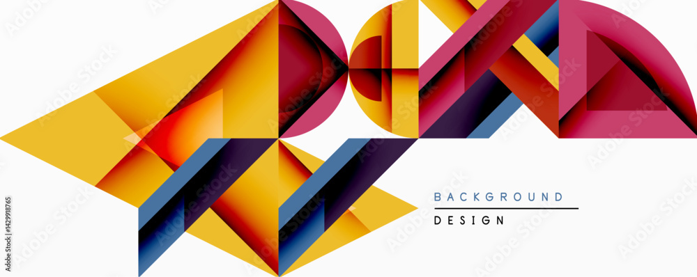Poster Abstract geometric design features vibrant polygonal shapes. Bold colors blend, creating dynamic visual effect. Modern background suitable for various applications.