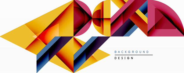 Abstract geometric design features vibrant polygonal shapes. Bold colors blend, creating dynamic visual effect. Modern background suitable for various applications.