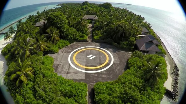 Aerial Descent Over Luxury Tropical Island Resort Heliport with Lush Greenery and Circular Landing Pad in Turquoise Waters Filmed Through Anamorphic Lenses