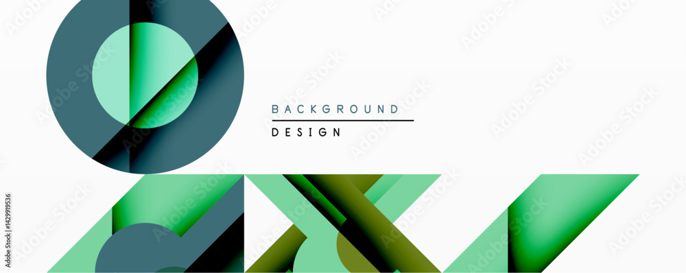 Poster Abstract geometric composition. Overlapping layers create dynamic visual effect. Green, teal, dark shades dominate design. Minimalist style, modern aesthetic.