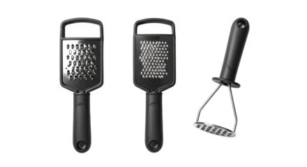 A set of kitchen utensils including a grater and a masher on a clean background, ideal for culinary use and food preparation