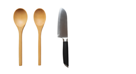 A set of wooden cooking utensils including two spoons and a sleek knife on a clean surface, ideal for culinary use