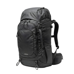 A sleek, modern black backpack stands alone against a white background, ideal for outdoor adventures or travel