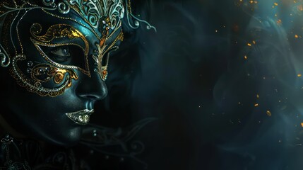 Illustrate the elegance of a female wearing a Venetian carnival mask, with a dark, mysterious background and space for branding or text for themed parties or balls.